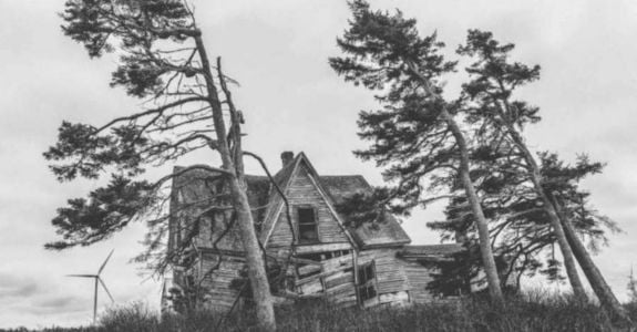 black and white photo of old house with sparse pine tress blowing in wind