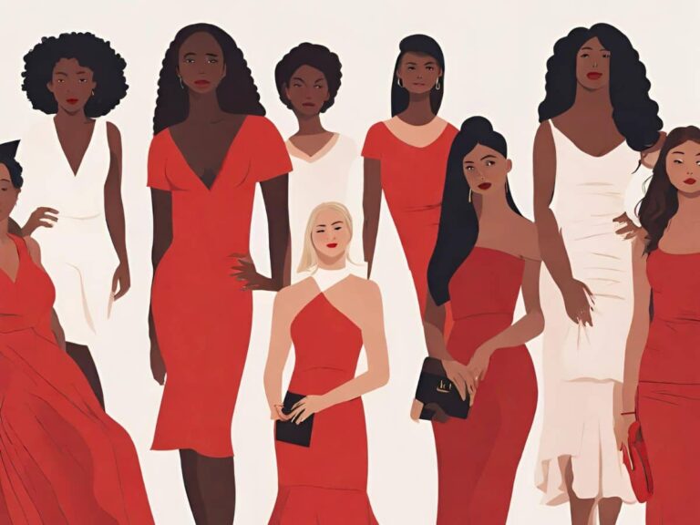 drawing of diverse group of women wearing red dresses for heart holidays in February