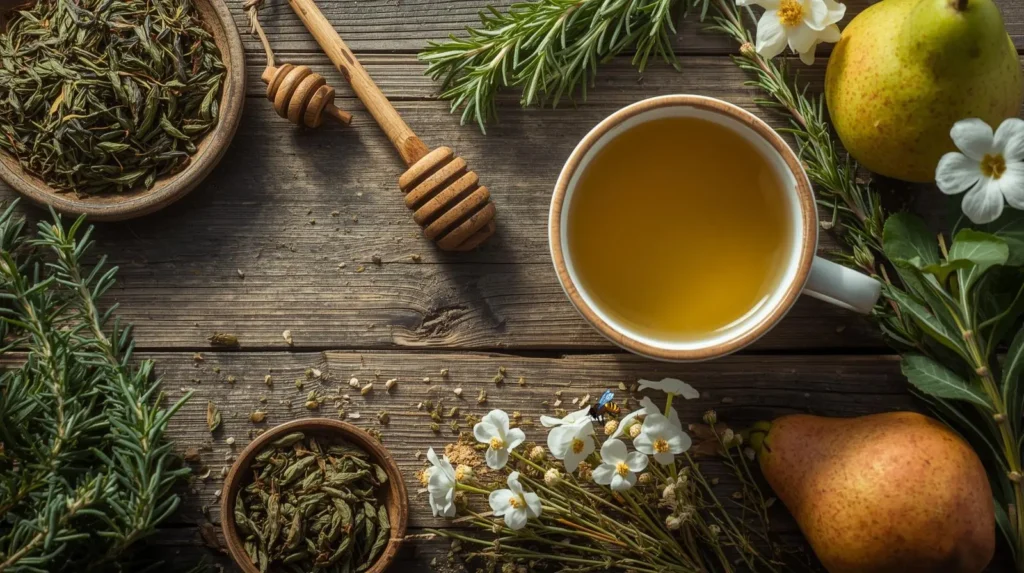 organic green tea with rosemary, pears, Backyard Bees